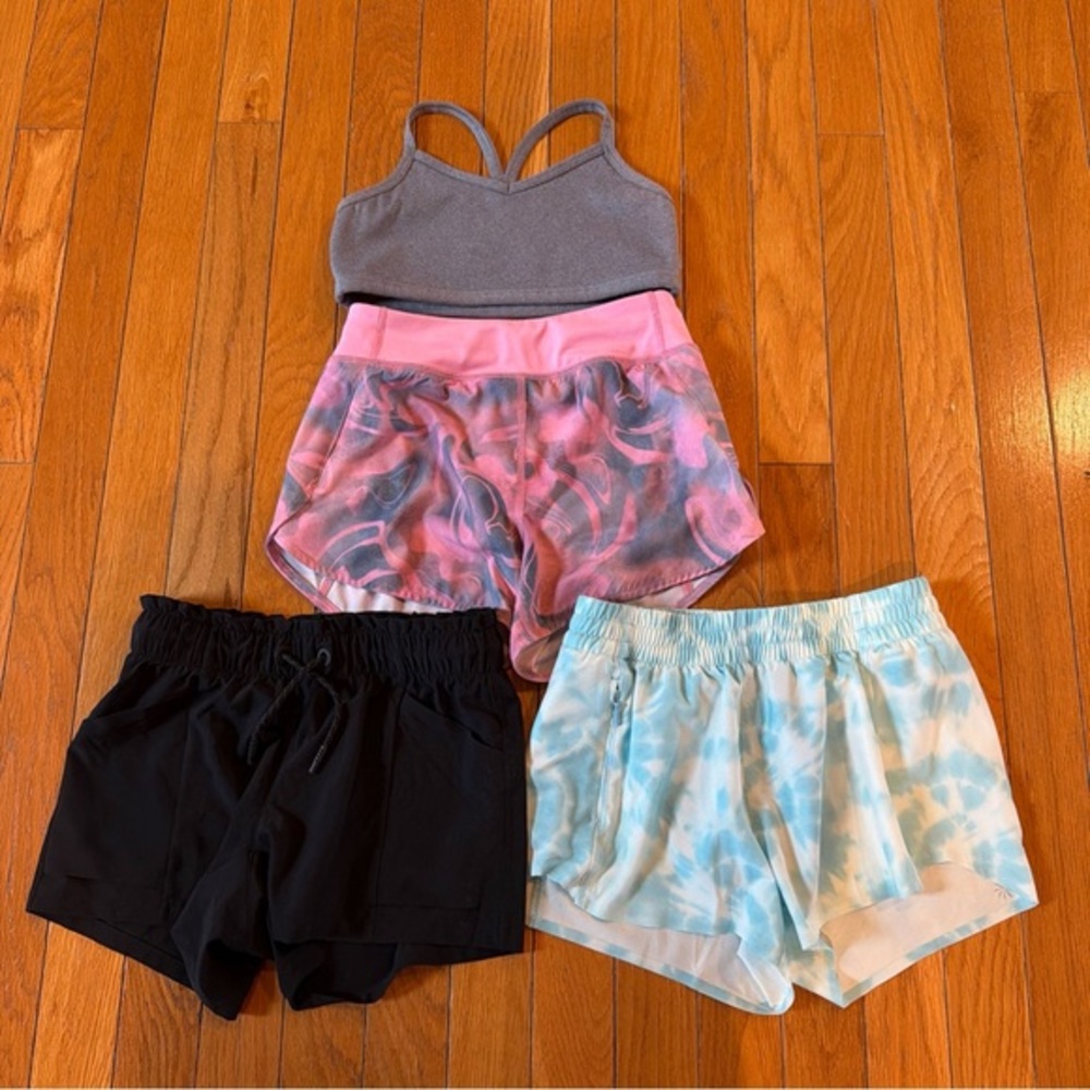 4 Pieces Athleta Girl Sz 7 Gray Sports Bra + Athletic Run Shorts Pink Blue Black